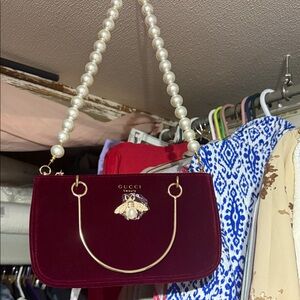 Gucci Burgundy Velvet Shoulder Bag with Pearl Handle